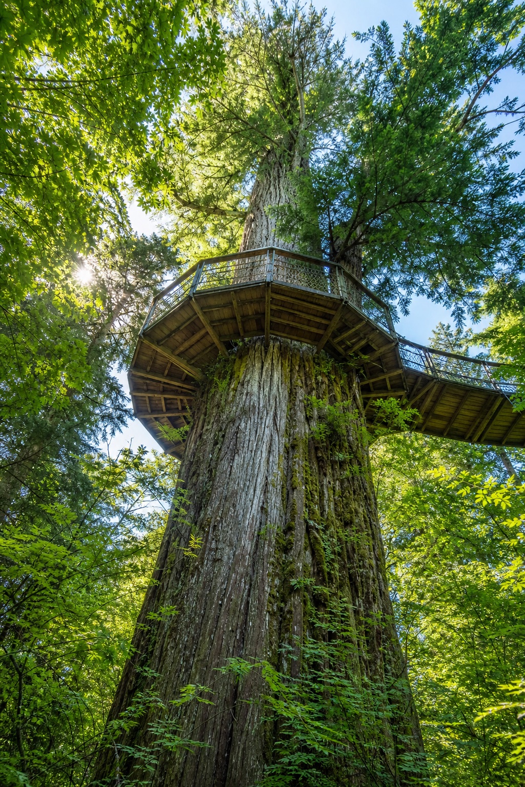 A wooden walkway among Douglas fir crowns at Treetops Adventure.