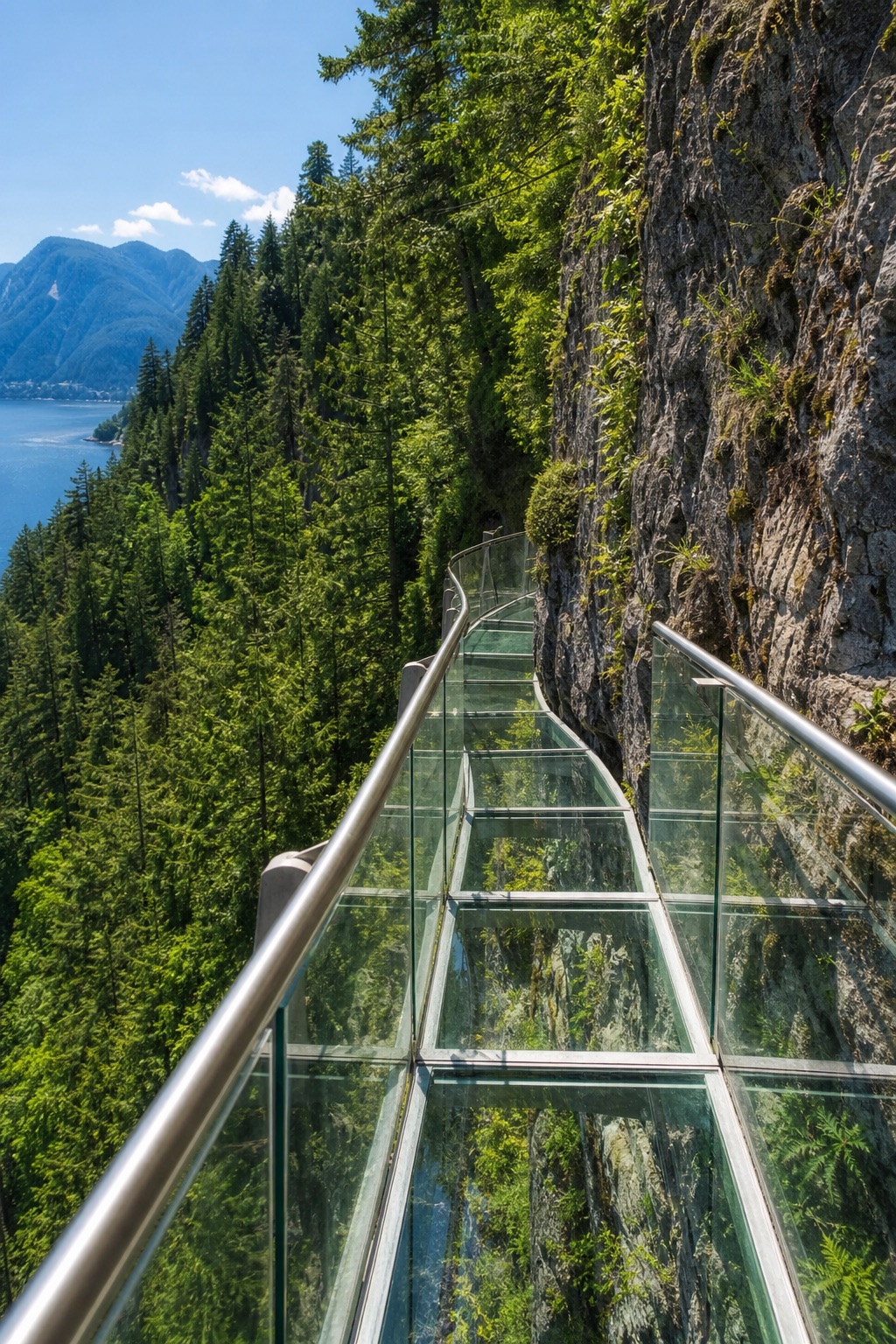 A cantilevered walkway hugging a granite cliff above Capilano Canyon.