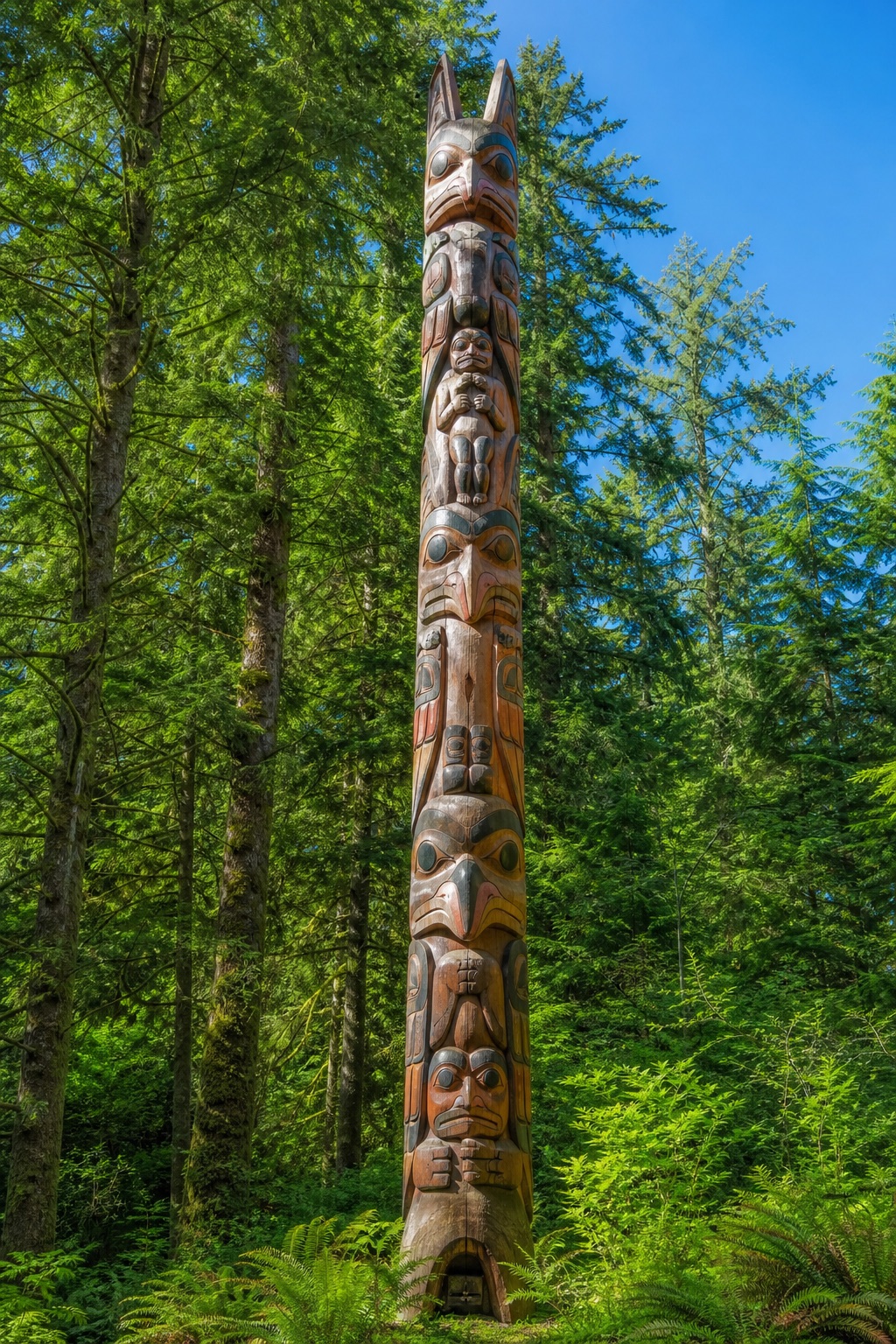 Pacific Northwest totem poles in a clearing at Kia'palano.