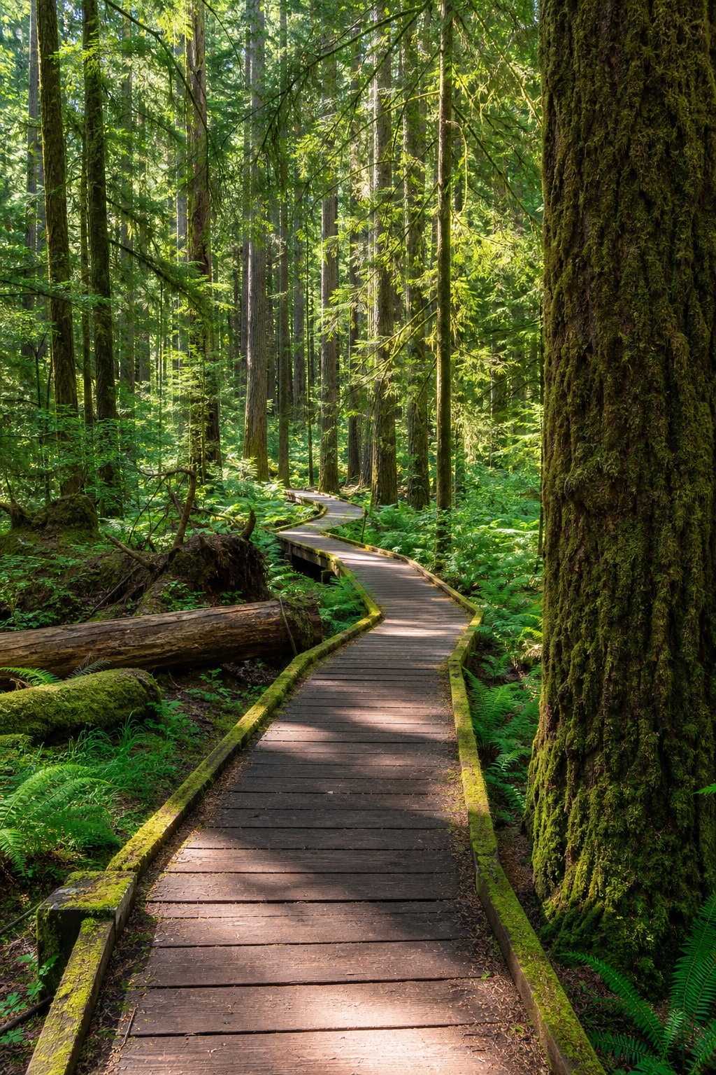 Boardwalk through old-growth coastal rainforest with hanging moss.