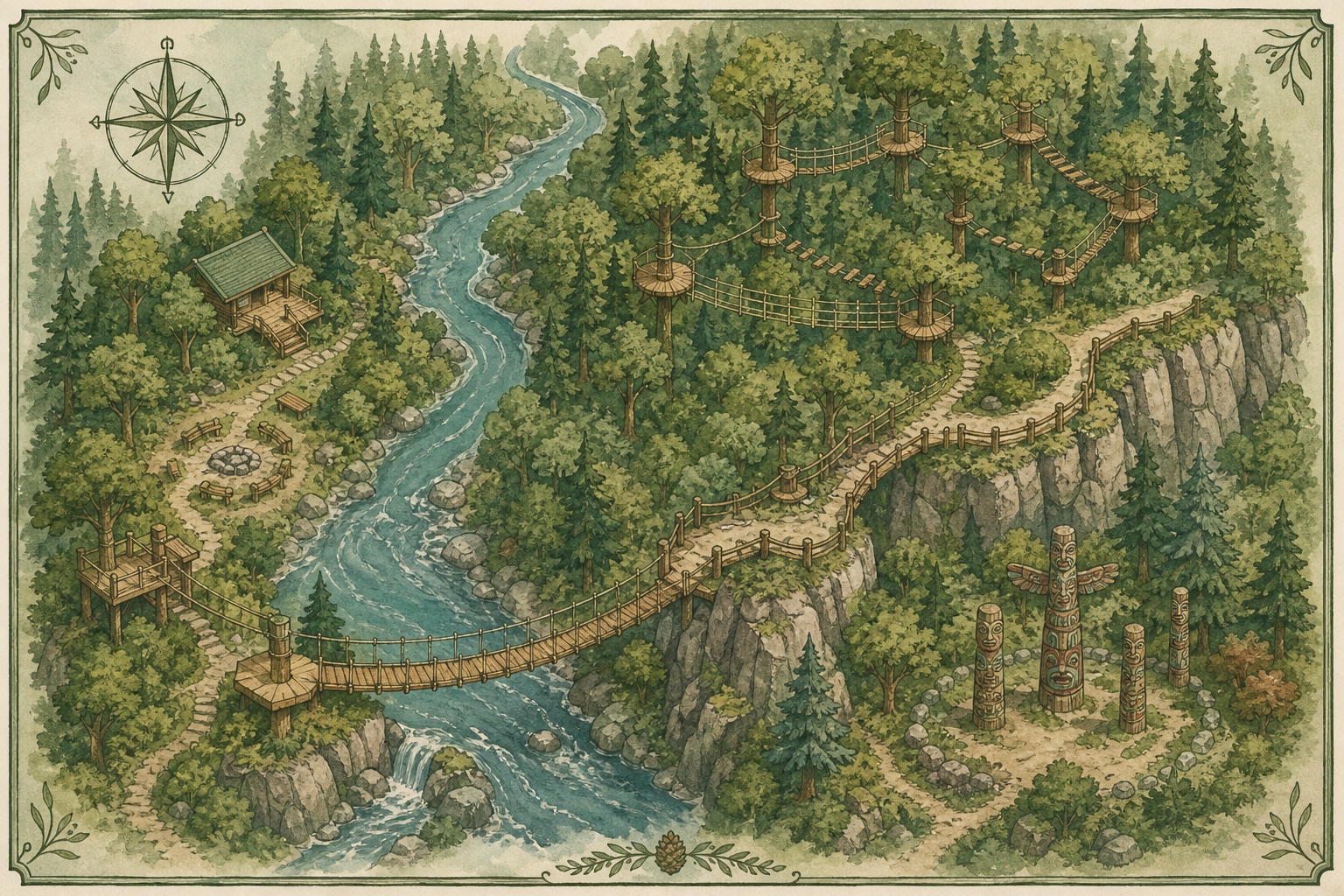 A stylised topographic map showing in-capilano in North Vancouver, the canyon, and routes from downtown.